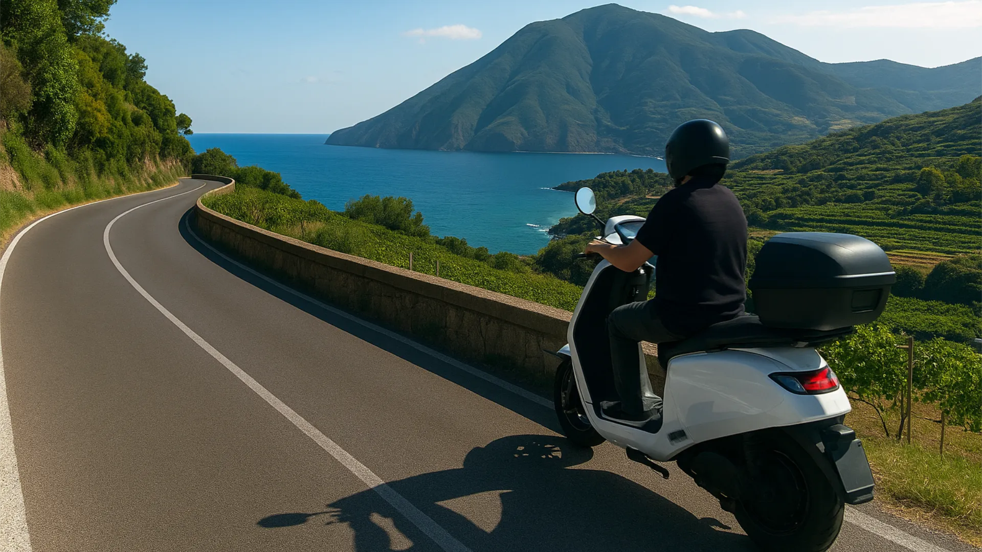 uno scooter che corre su una strada che costeggia il mare